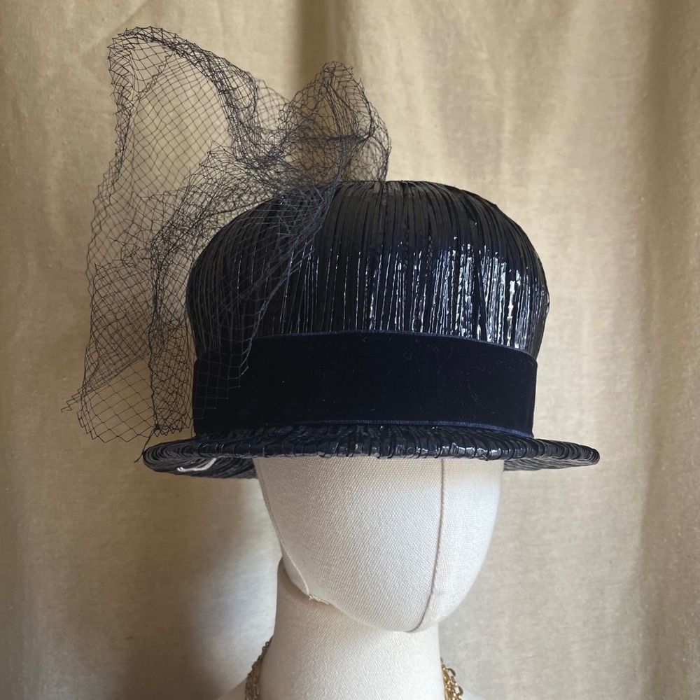 Vintage‎ Navy Blue Veiled Pillbox Hat Fascinator 1950s Style